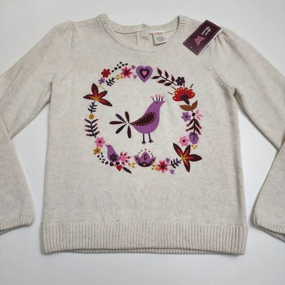 Gymboree Girls Purple Birds & Flowers Embroidery Wreath Knit Sweater Size 7 NEW